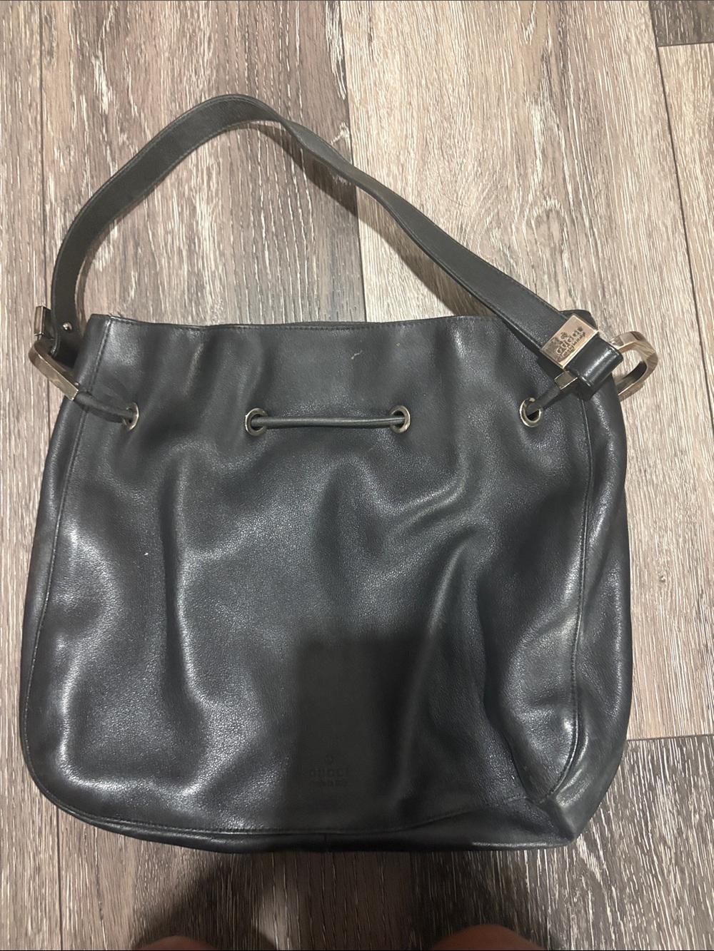 Gucci Black Leather Shoulder Bag with Gold-Tone Accents